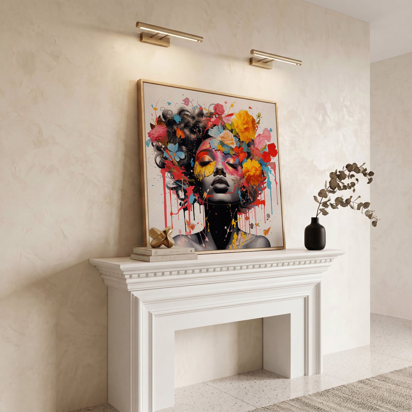 Black Woman with Flowers Canvas Print in white oak floating frame