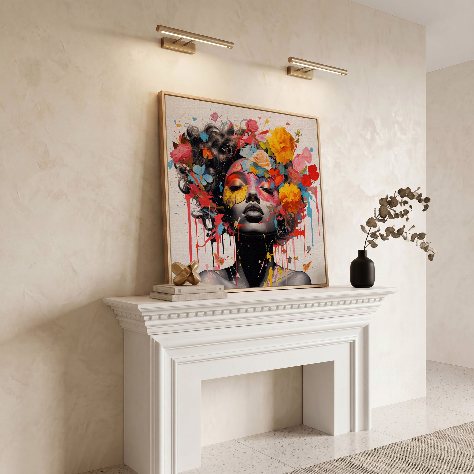 Black Woman with Flowers Canvas Print in white oak floating frame