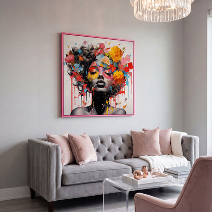 Black Woman with Flowers Canvas Print in pink floating frame