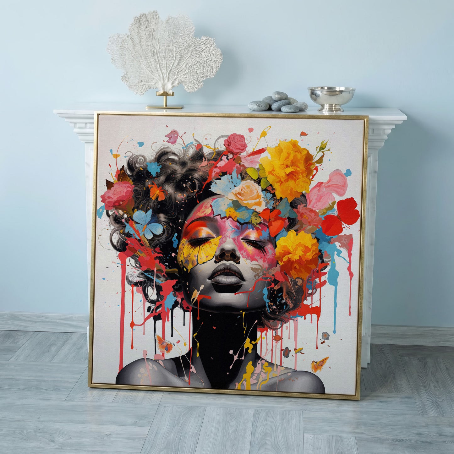 Black Woman with Flowers Canvas Print in rose gold floating frame