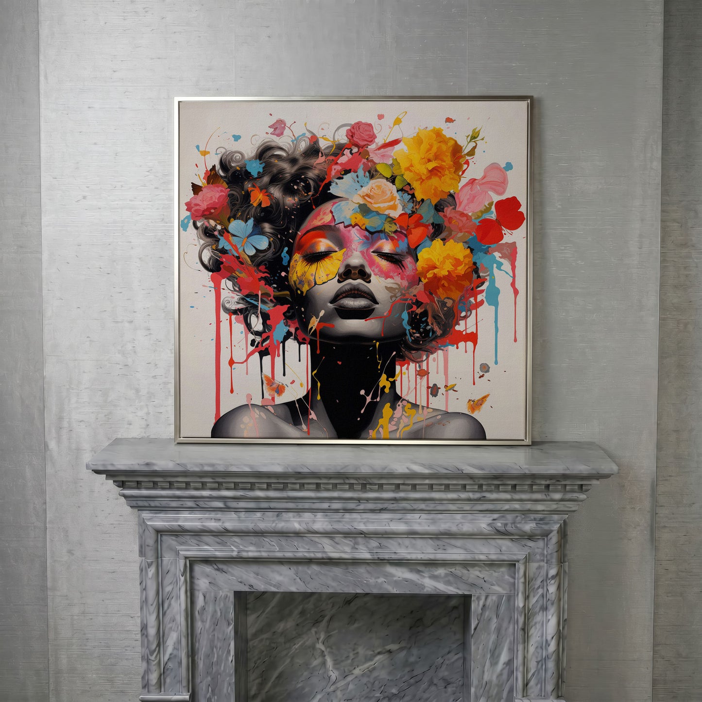 Black Woman with Flowers Canvas Print in silver floating frame