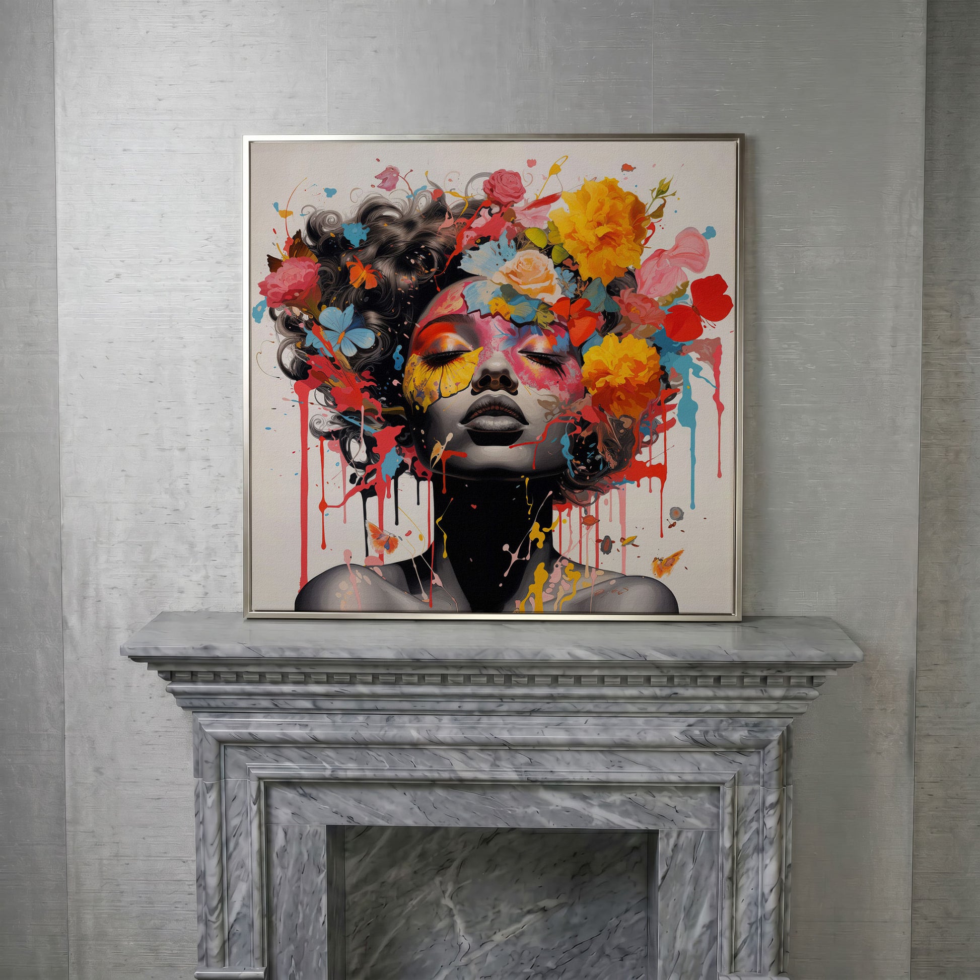 Black Woman with Flowers Canvas Print in silver floating frame