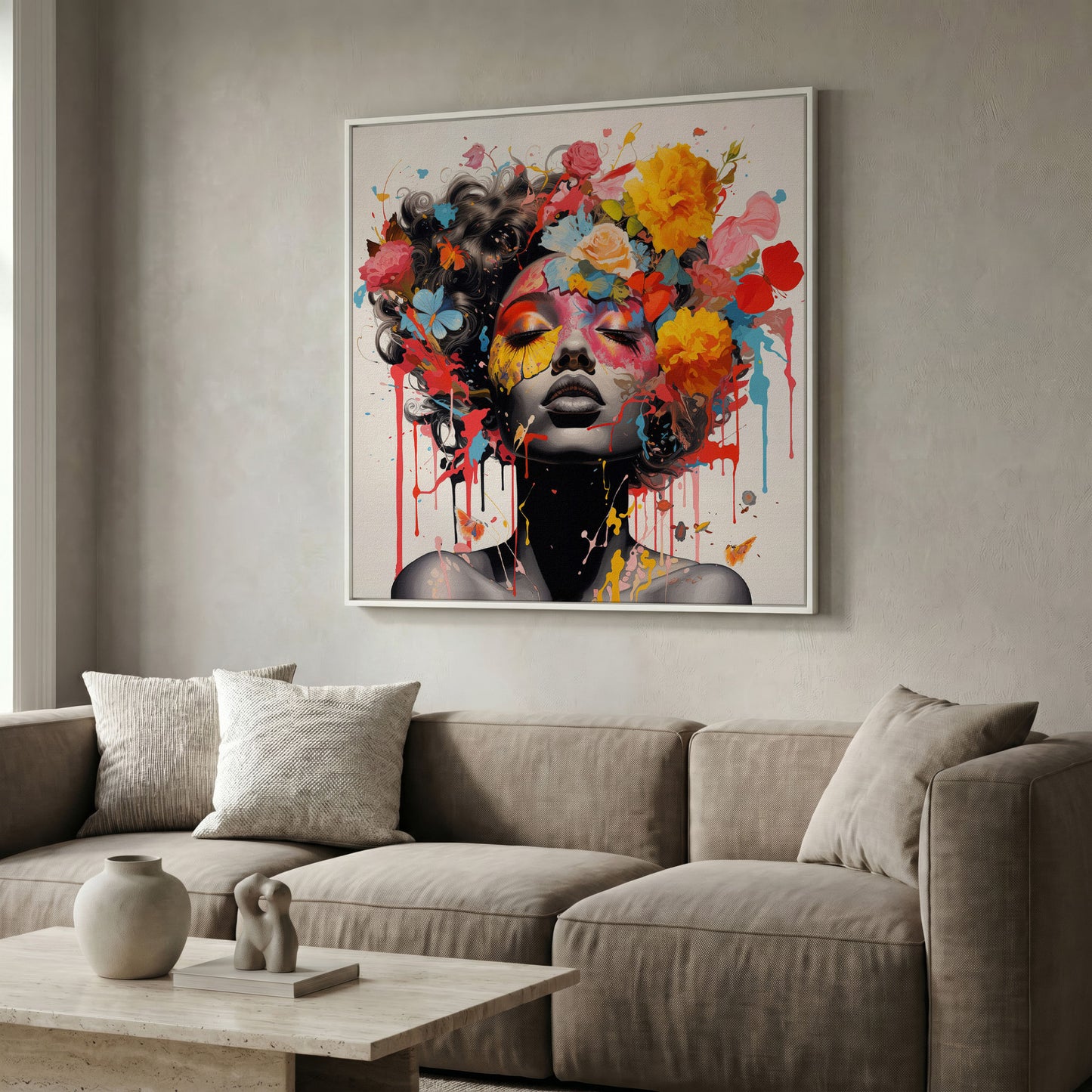 Black Woman with Flowers Canvas Print in white floating frame