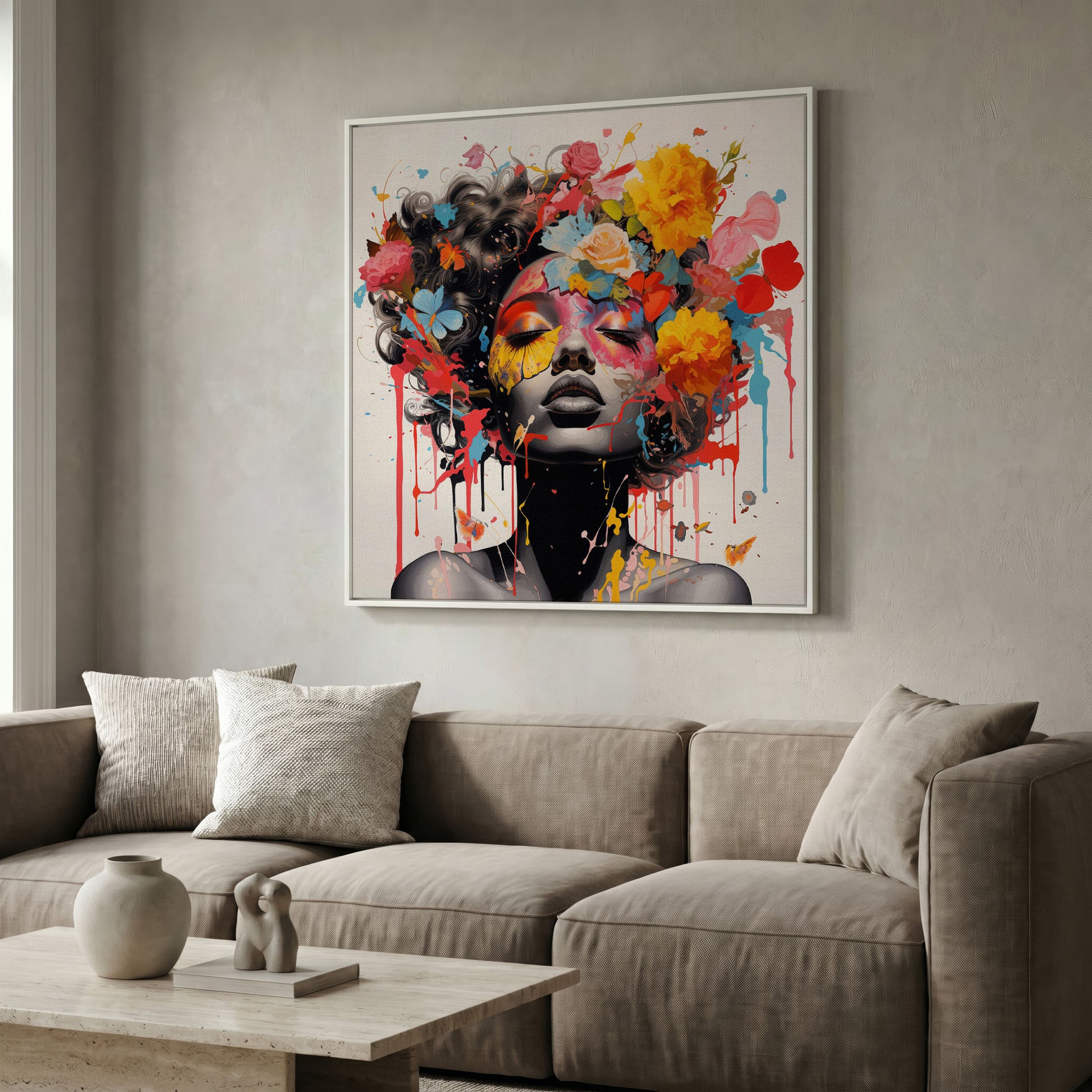 Black Woman with Flowers Canvas Print in white floating frame