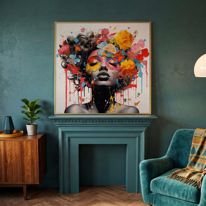 Black Woman with Flowers Canvas Print in yellow gold floating frame