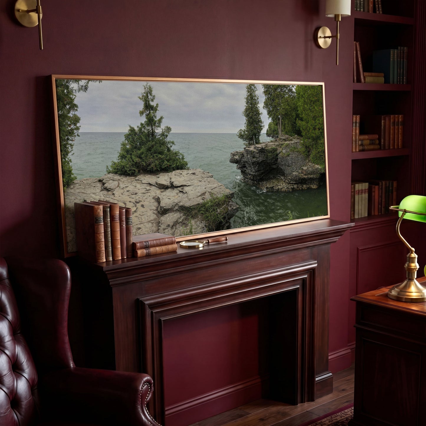 Cave Point Park Panoramic Canvas in antique gold floating frame