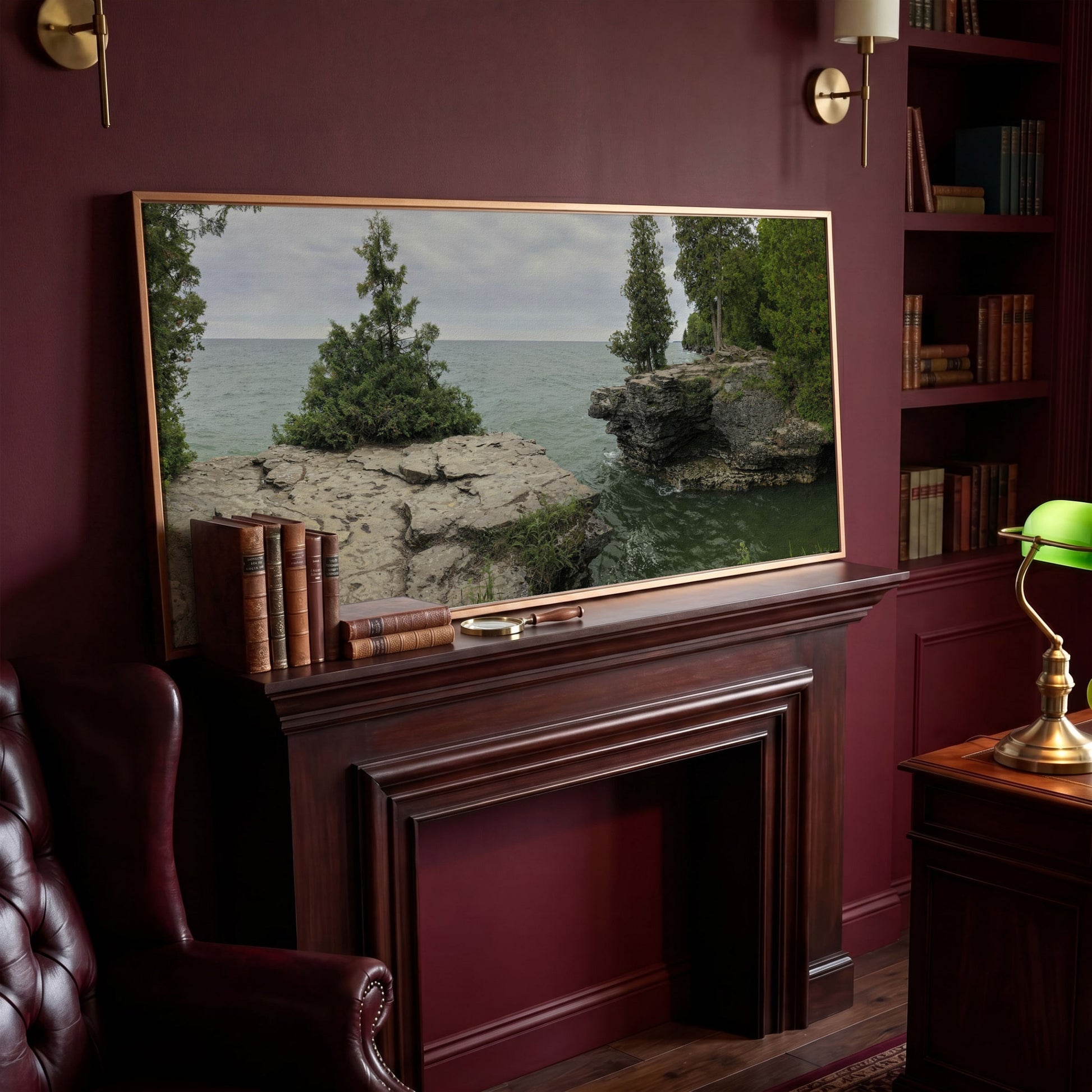 Cave Point Park Panoramic Canvas in antique gold floating frame