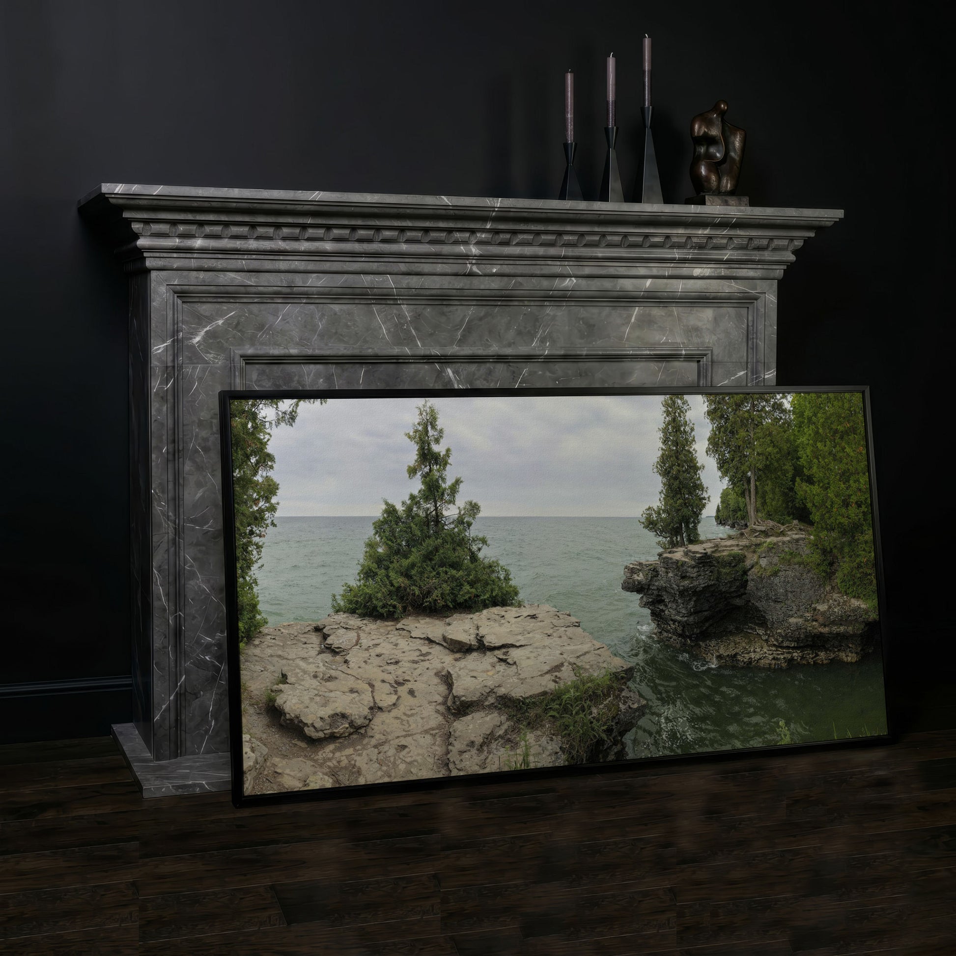 Cave Point Park Panoramic Canvas in black floating frame