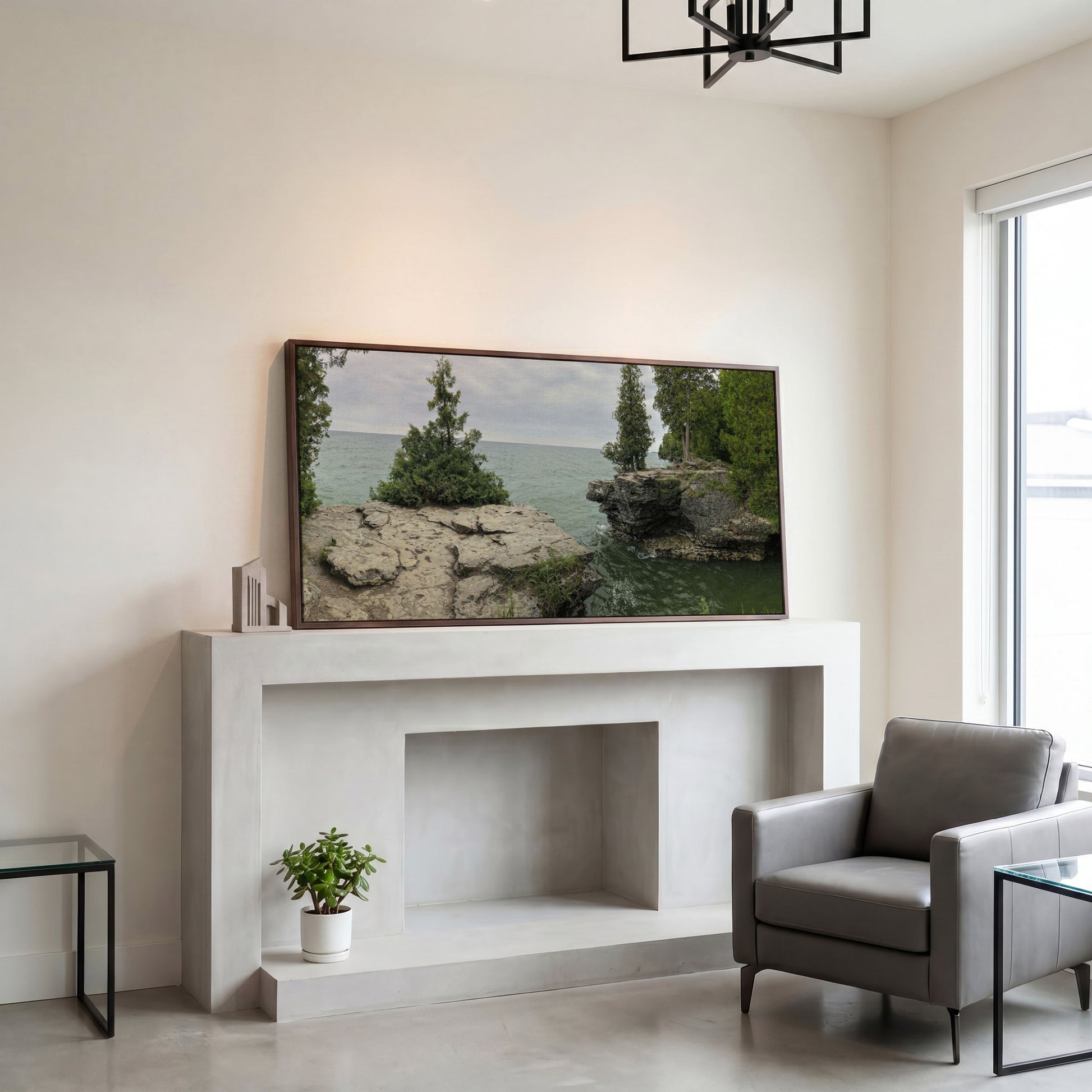 Cave Point Park Panoramic Canvas in dark walnut floating frame