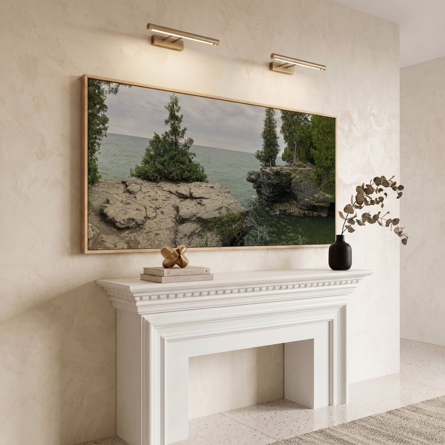 Cave Point Park Panoramic Canvas in white oak floating frame