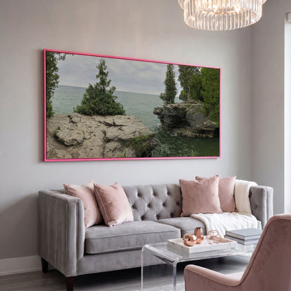 Cave Point Park Panoramic Canvas in pink floating frame