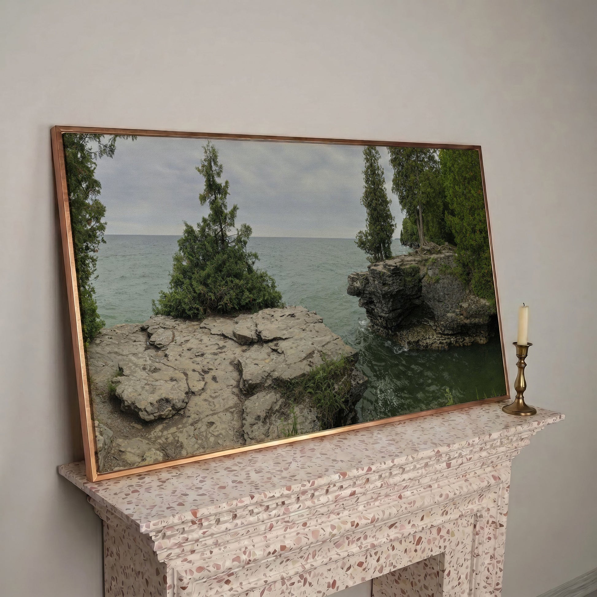 Cave Point Park Panoramic Canvas in rose gold floating frame