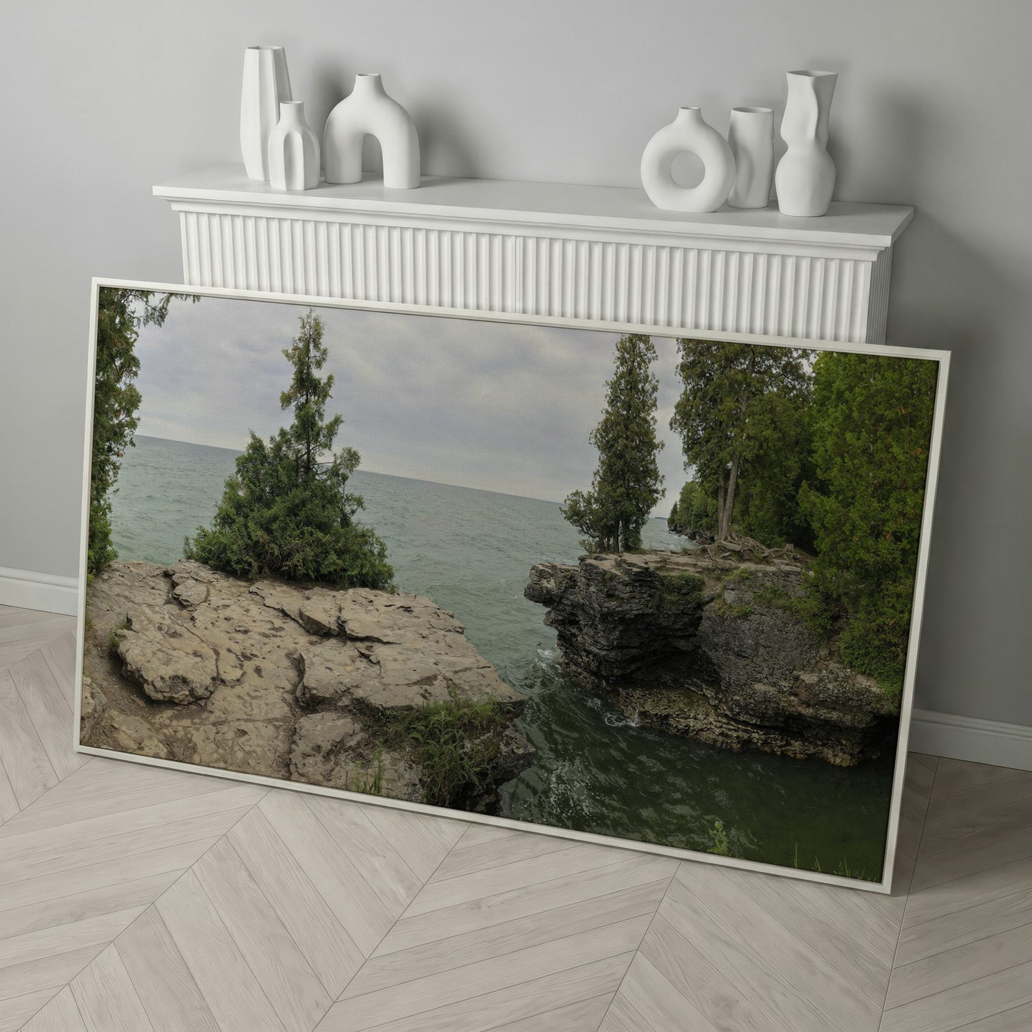 Cave Point Park Panoramic Canvas in white floating frame