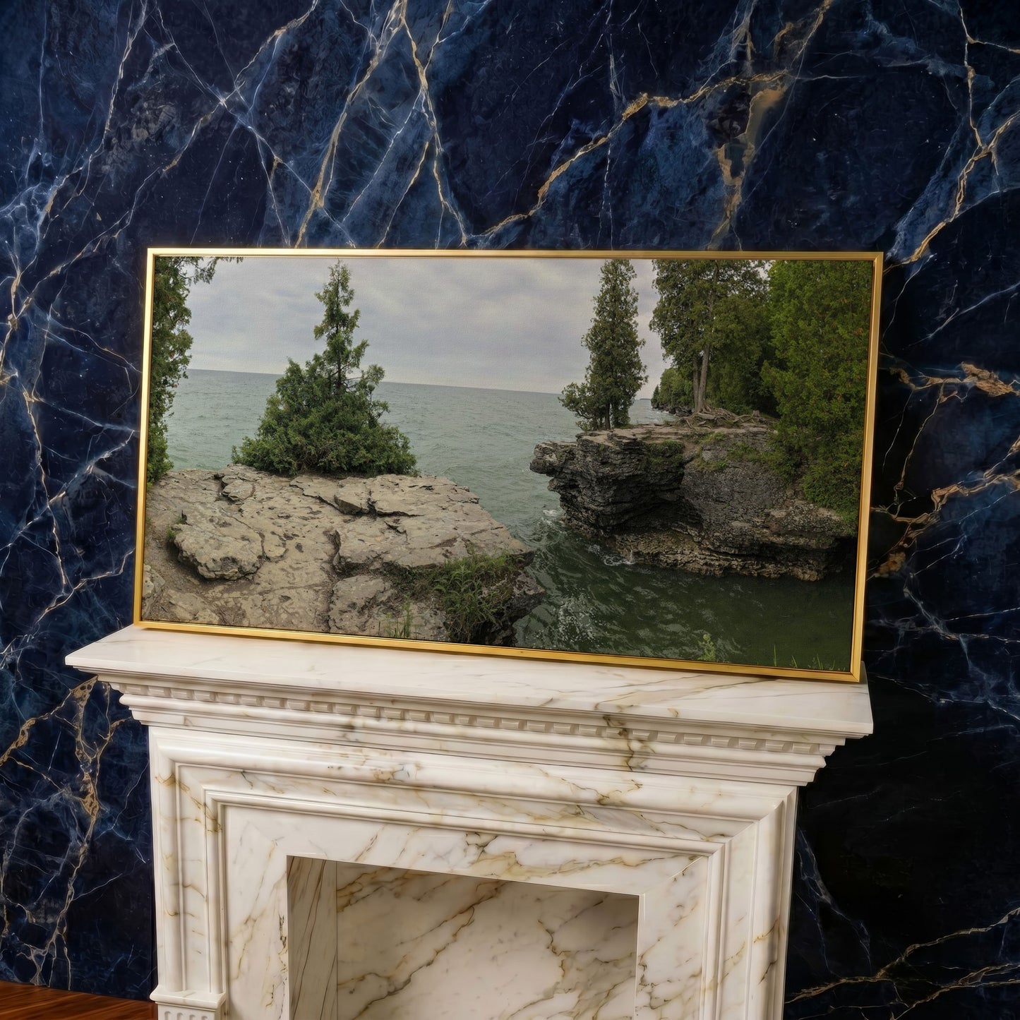 Cave Point Park Panoramic Canvas in yellow gold floating frame