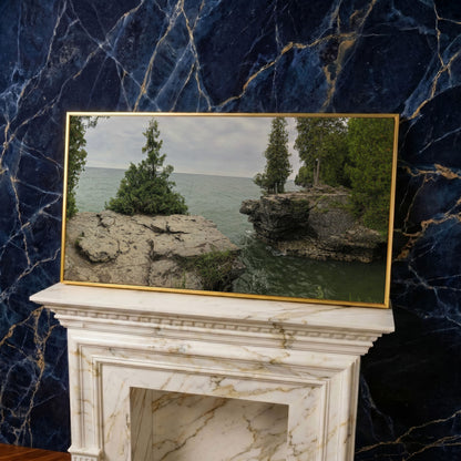 Cave Point Park Panoramic Canvas in yellow gold floating frame