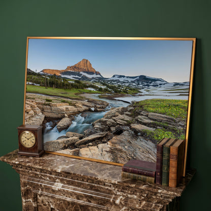 Logan Pass in Summer Canvas Print, Panoramic in antique gold floating frame