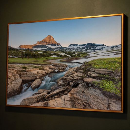 Logan Pass in Summer Canvas Print, Panoramic shown in antique gold floating frame