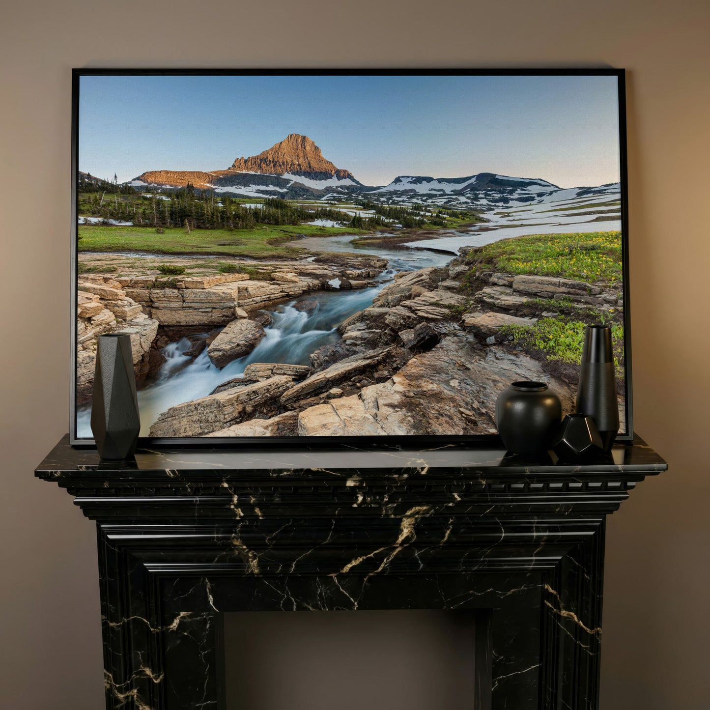 Logan Pass in Summer Canvas Print, Panoramic in black floating frame