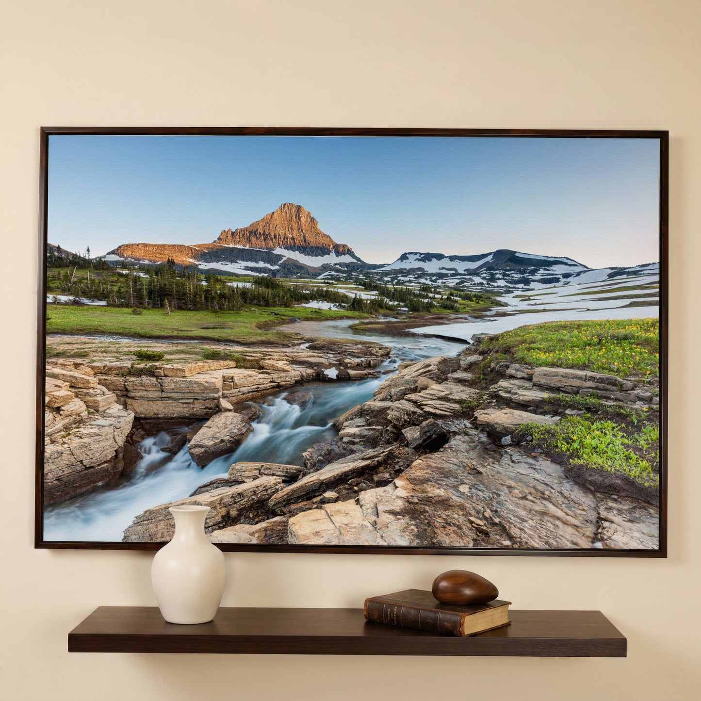 Logan Pass in Summer Canvas Print, Panoramic in dark walnut floating frame