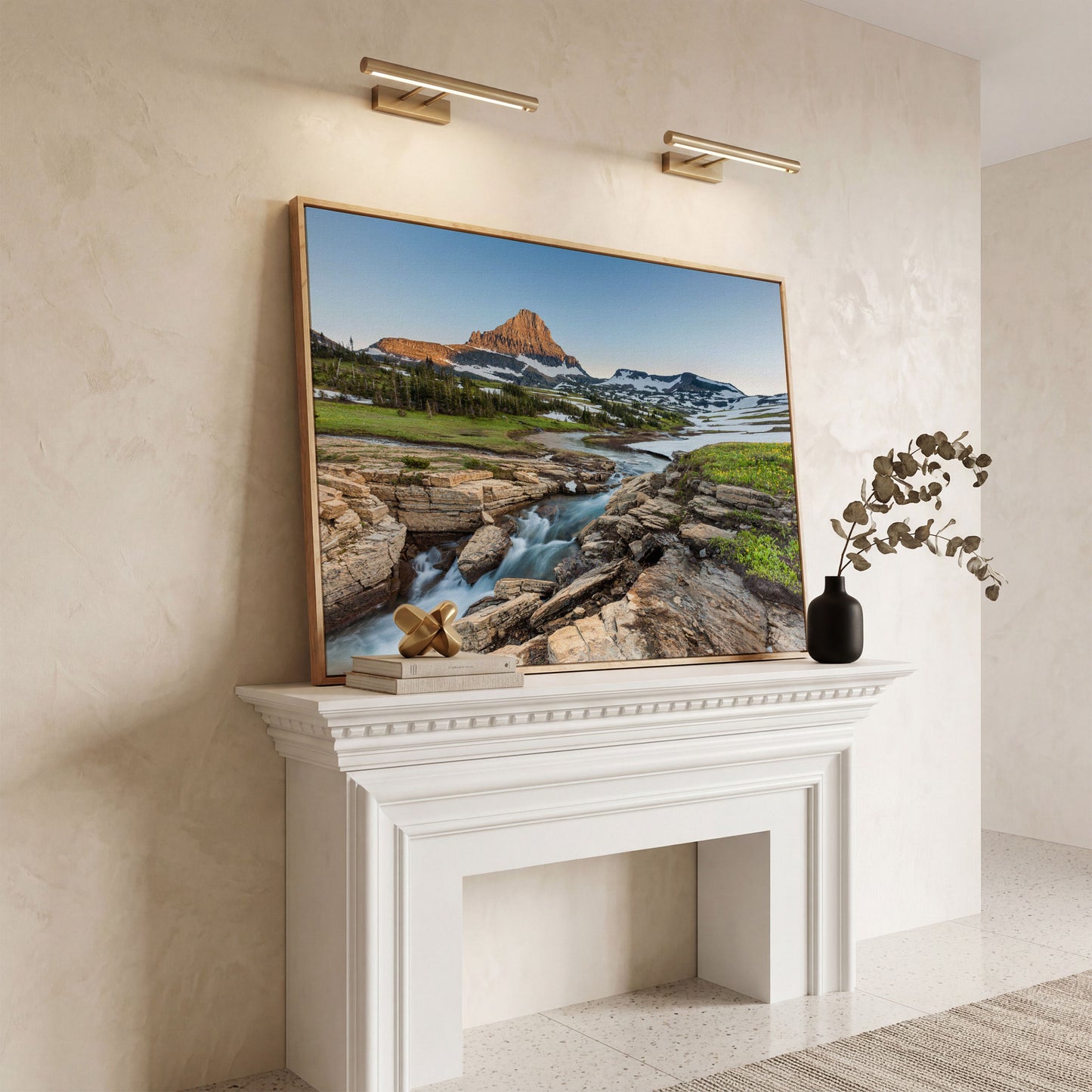 Logan Pass in Summer Canvas Print, Panoramic in white oak floating frame