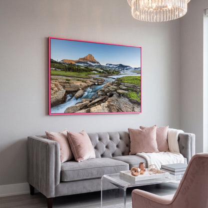 Logan Pass in Summer Canvas Print, Panoramic in pink floating frame