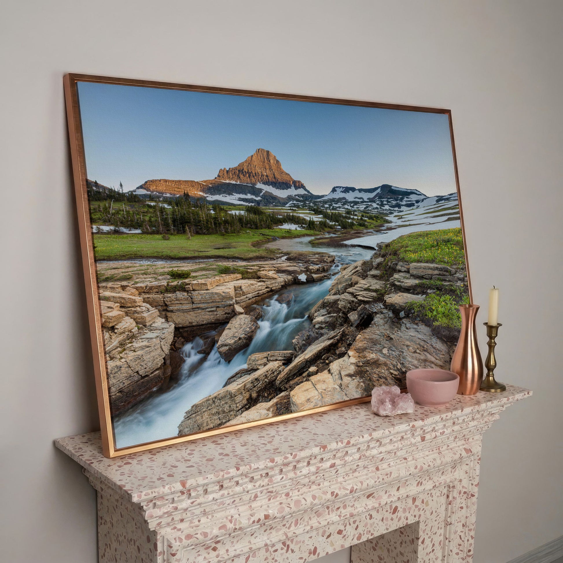 Logan Pass in Summer Canvas Print, Panoramic in rose gold floating frame