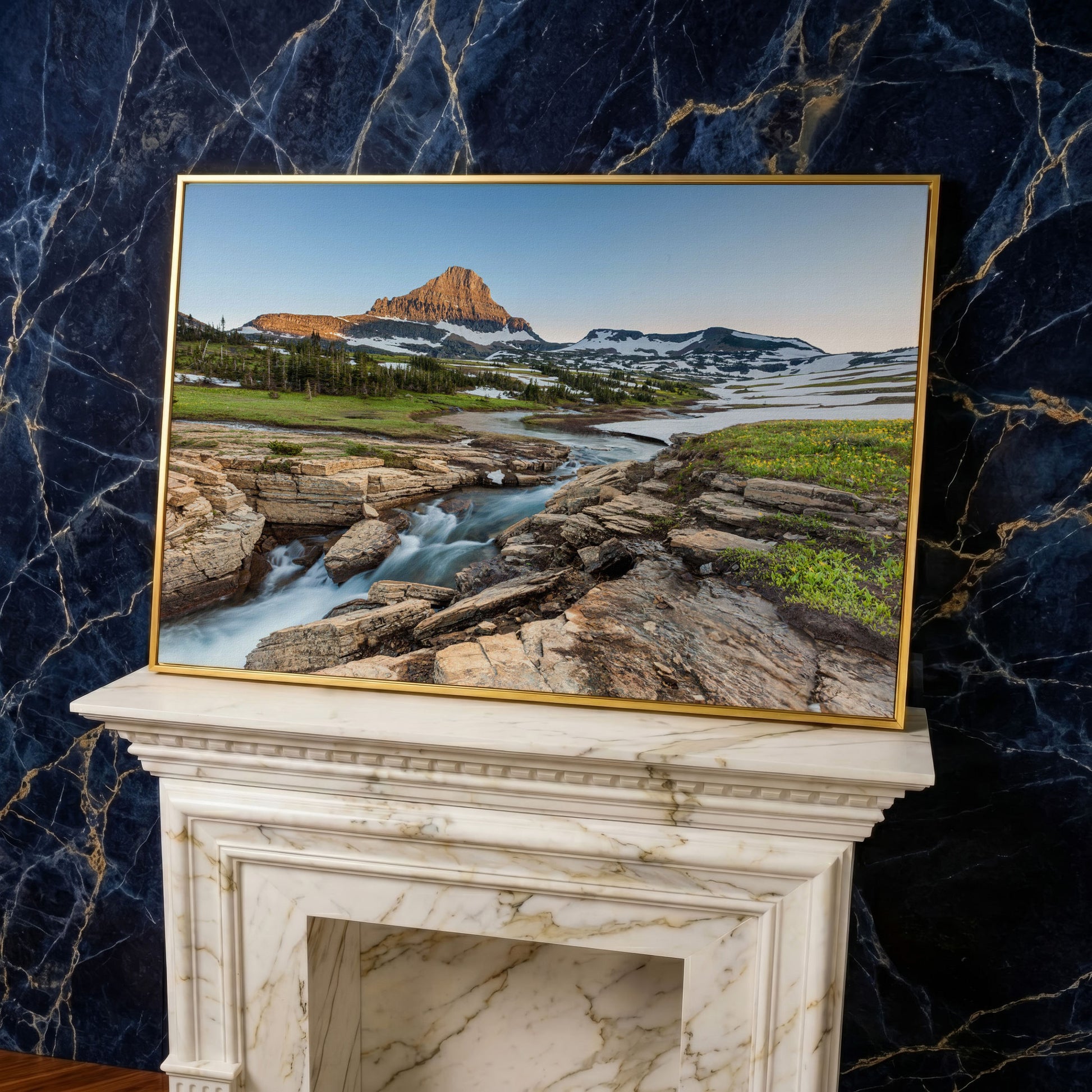 Logan Pass in Summer Canvas Print, Panoramic in yellow gold floating frame
