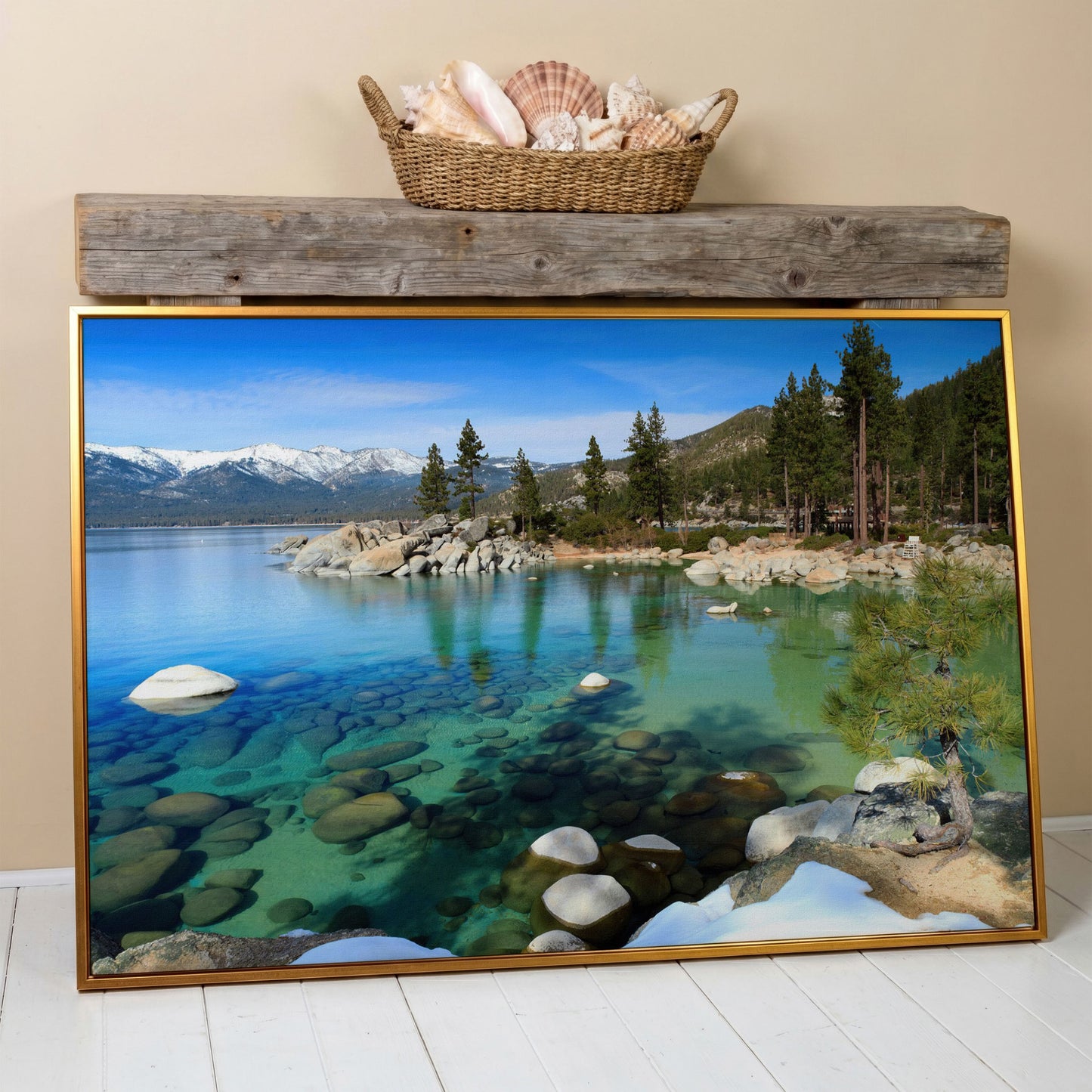 Serenity in Lake Tahoe Canvas Print: Sand Harbor Beauty in antique gold floating frame