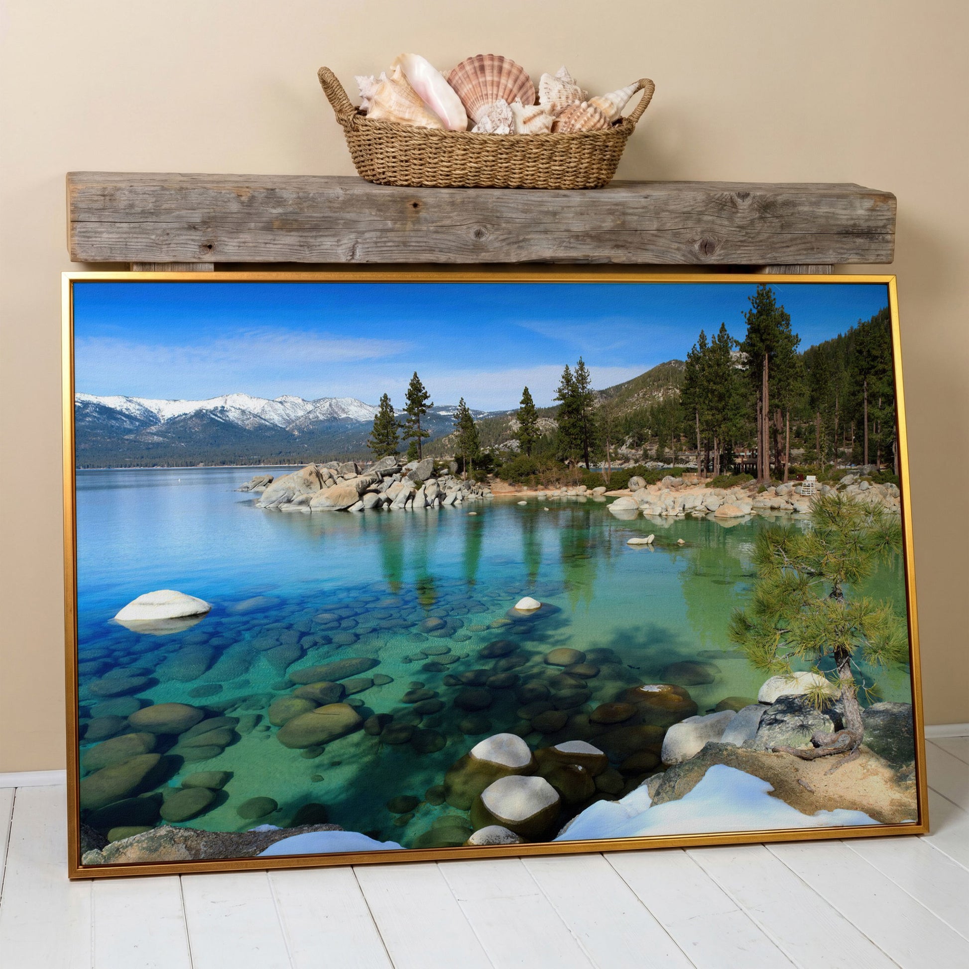 Serenity in Lake Tahoe Canvas Print: Sand Harbor Beauty in antique gold floating frame