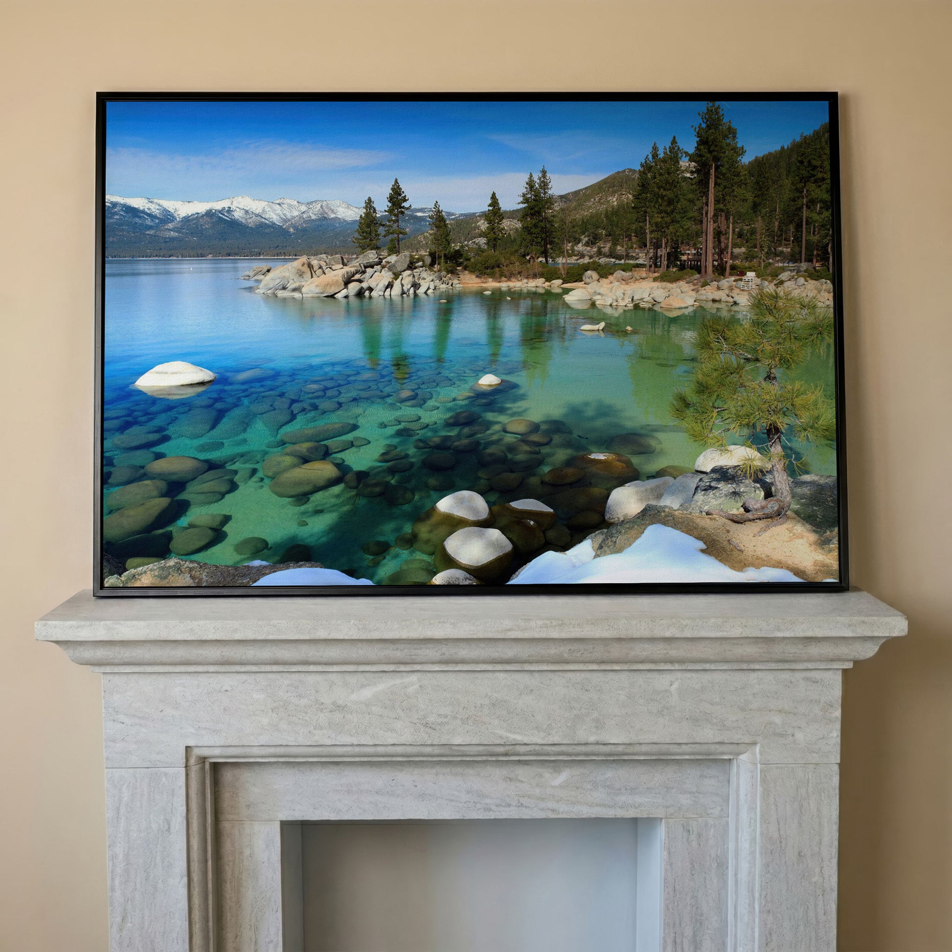 Serenity in Lake Tahoe Canvas Print: Sand Harbor Beauty in black floating frame