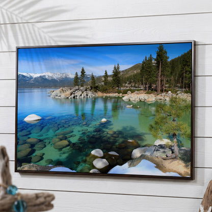 Serenity in Lake Tahoe Canvas Print: Sand Harbor Beauty in dark walnut floating frame