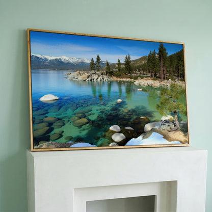 Serenity in Lake Tahoe Canvas Print: Sand Harbor Beauty in white oak floating frame