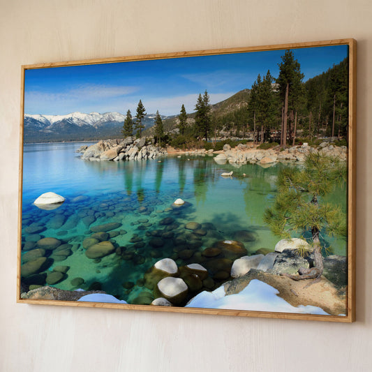 Serenity in Lake Tahoe Canvas Print: Sand Harbor Beauty shown in white oak floating frame