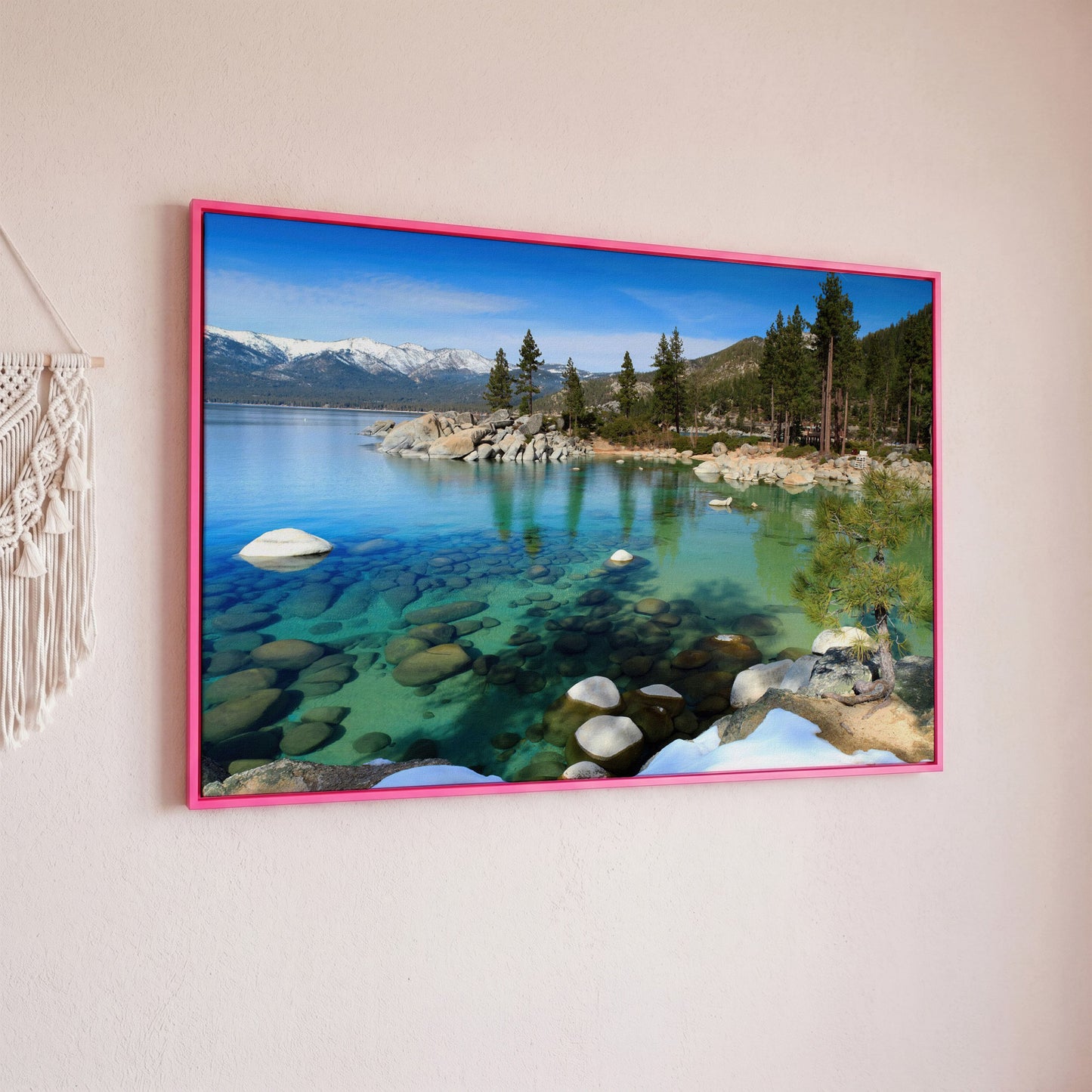 Serenity in Lake Tahoe Canvas Print: Sand Harbor Beauty in pink floating frame
