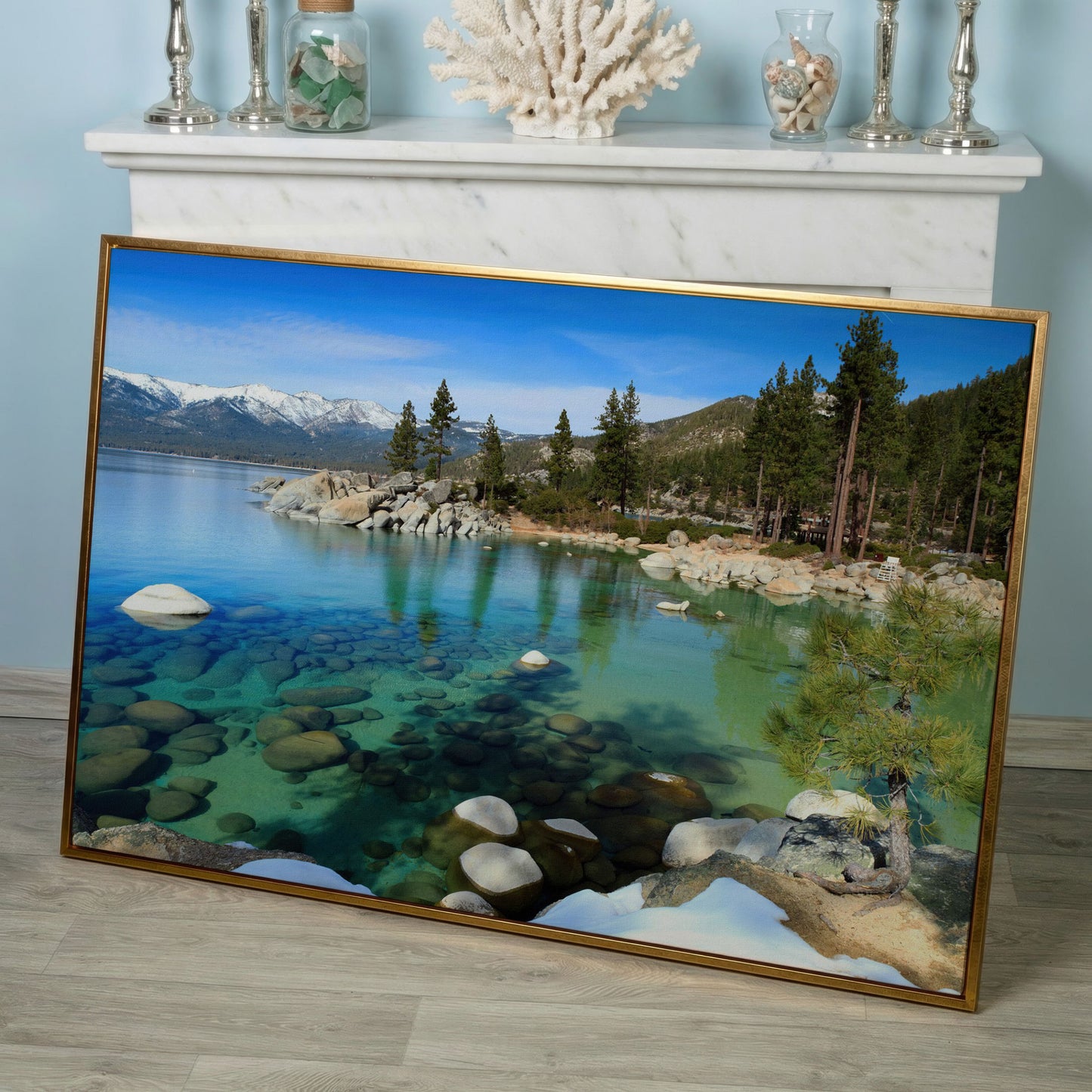 Serenity in Lake Tahoe Canvas Print: Sand Harbor Beauty in rose gold floating frame