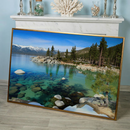 Serenity in Lake Tahoe Canvas Print: Sand Harbor Beauty in rose gold floating frame