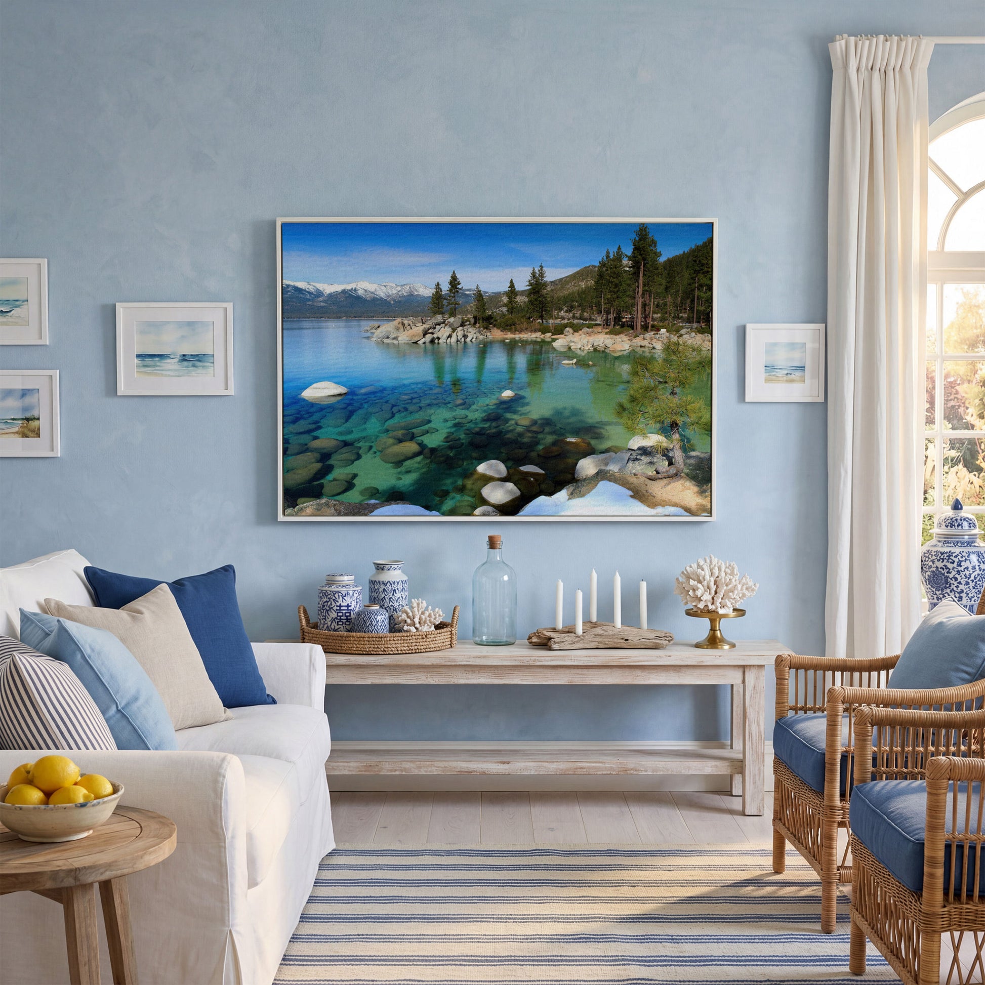 Serenity in Lake Tahoe Canvas Print: Sand Harbor Beauty in white floating frame
