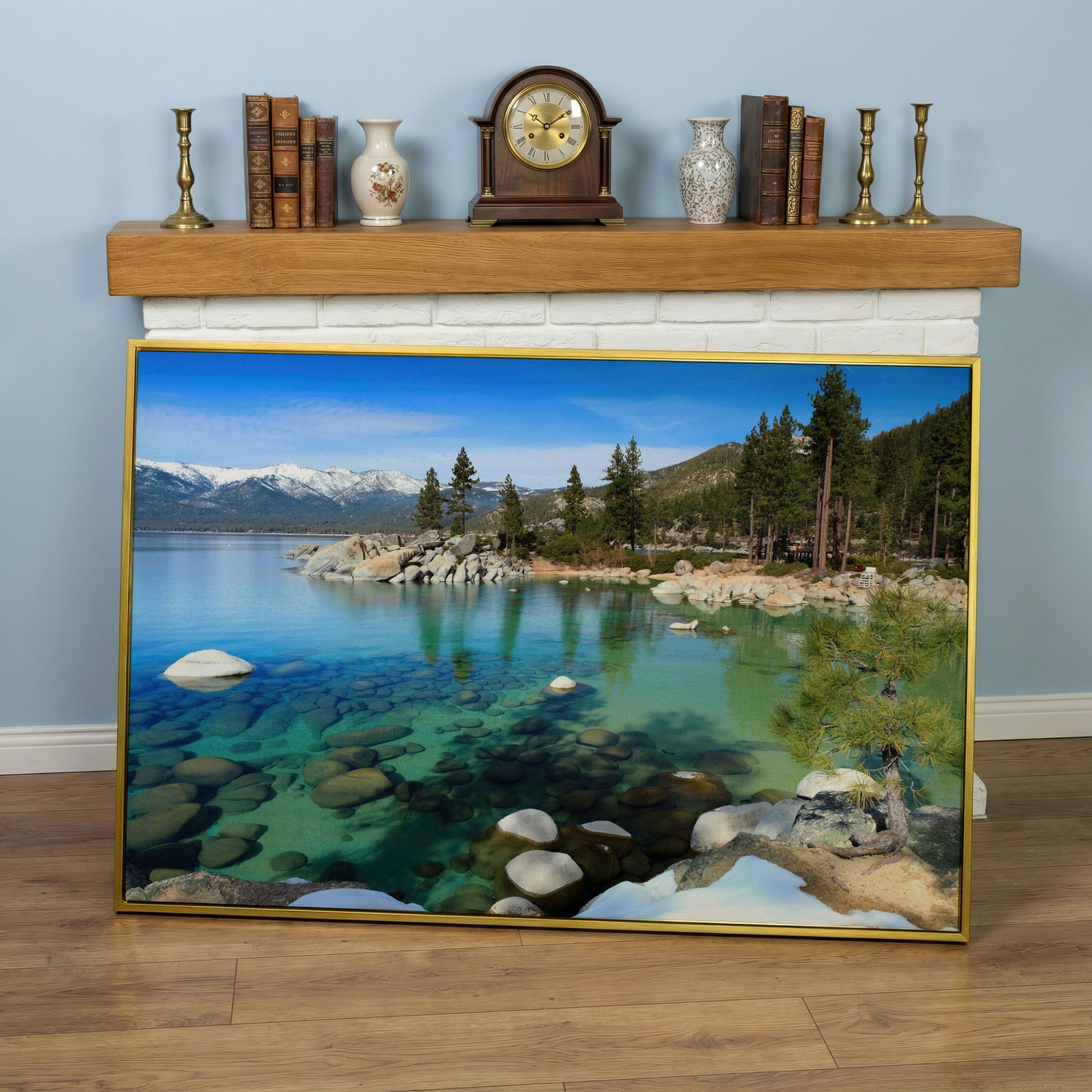 Serenity in Lake Tahoe Canvas Print: Sand Harbor Beauty in yellow gold floating frame
