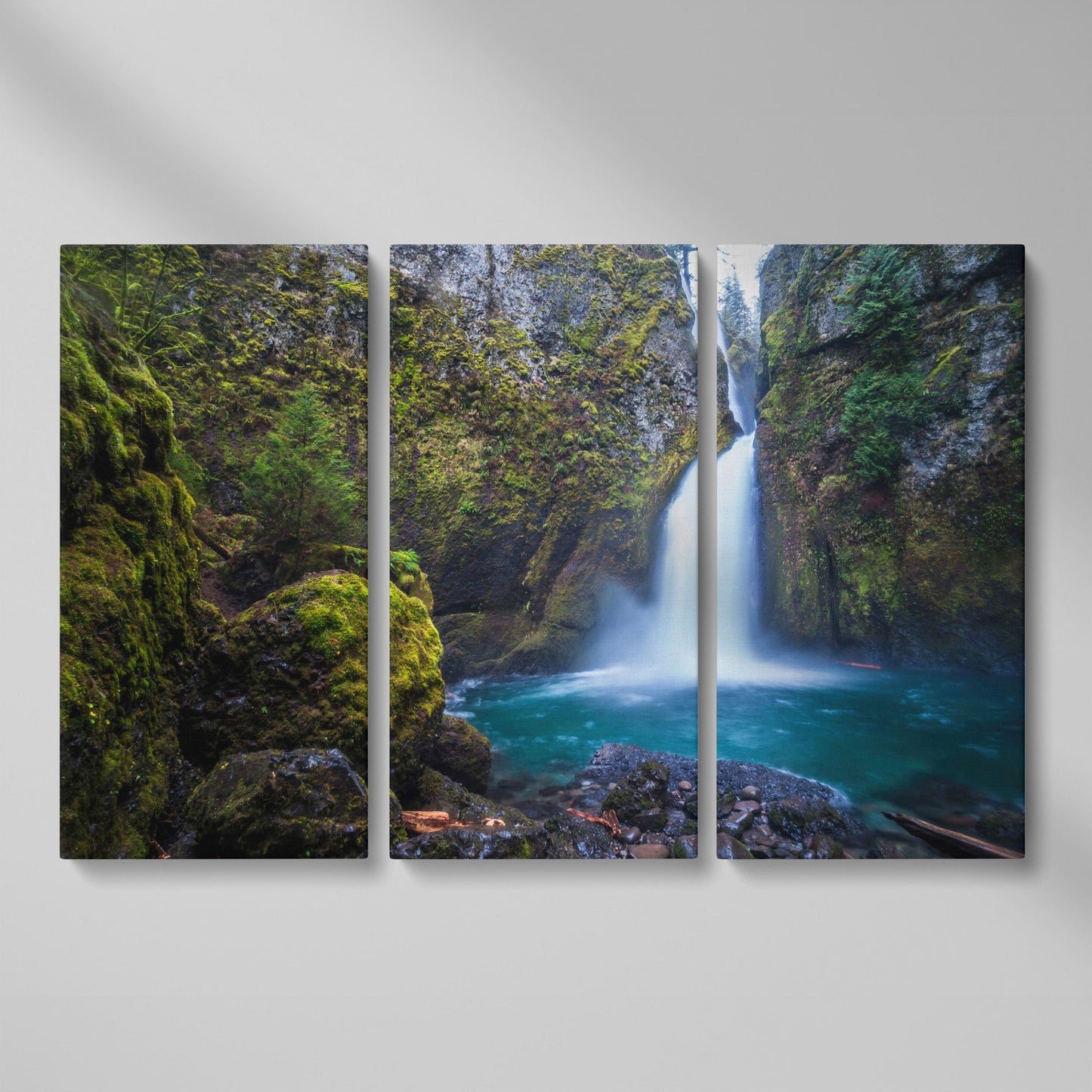 Wahclella Falls Canvas Print. Oregon Gorge Waterfall Art as 3-panel split version