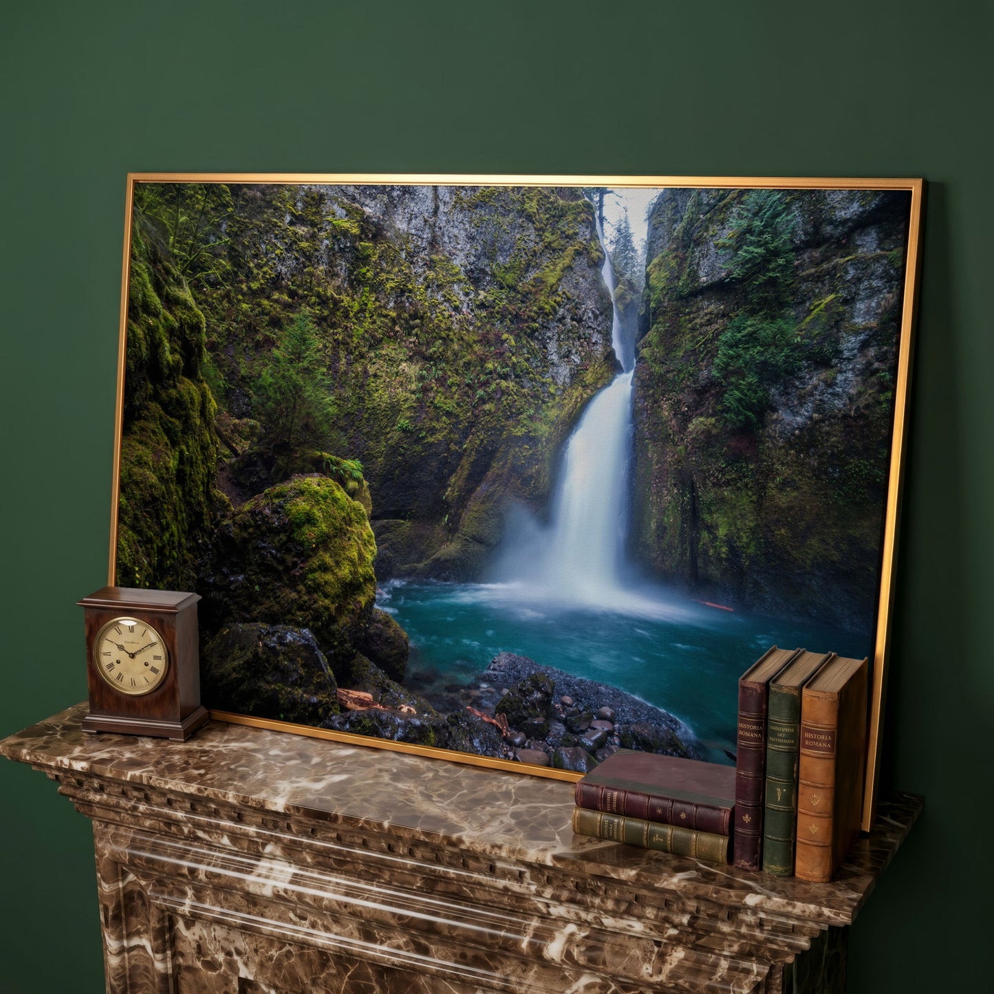 Wahclella Falls Canvas Print. Oregon Gorge Waterfall Art in antique gold floating frame