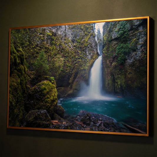 Wahclella Falls Canvas Print. Oregon Gorge Waterfall Art shown in antique gold floating frame