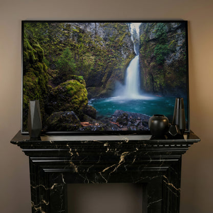 Wahclella Falls Canvas Print. Oregon Gorge Waterfall Art in black floating frame