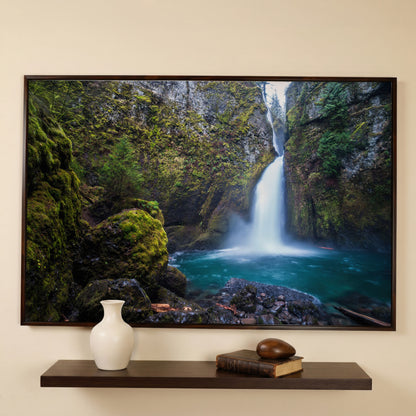 Wahclella Falls Canvas Print. Oregon Gorge Waterfall Art in dark walnut floating frame
