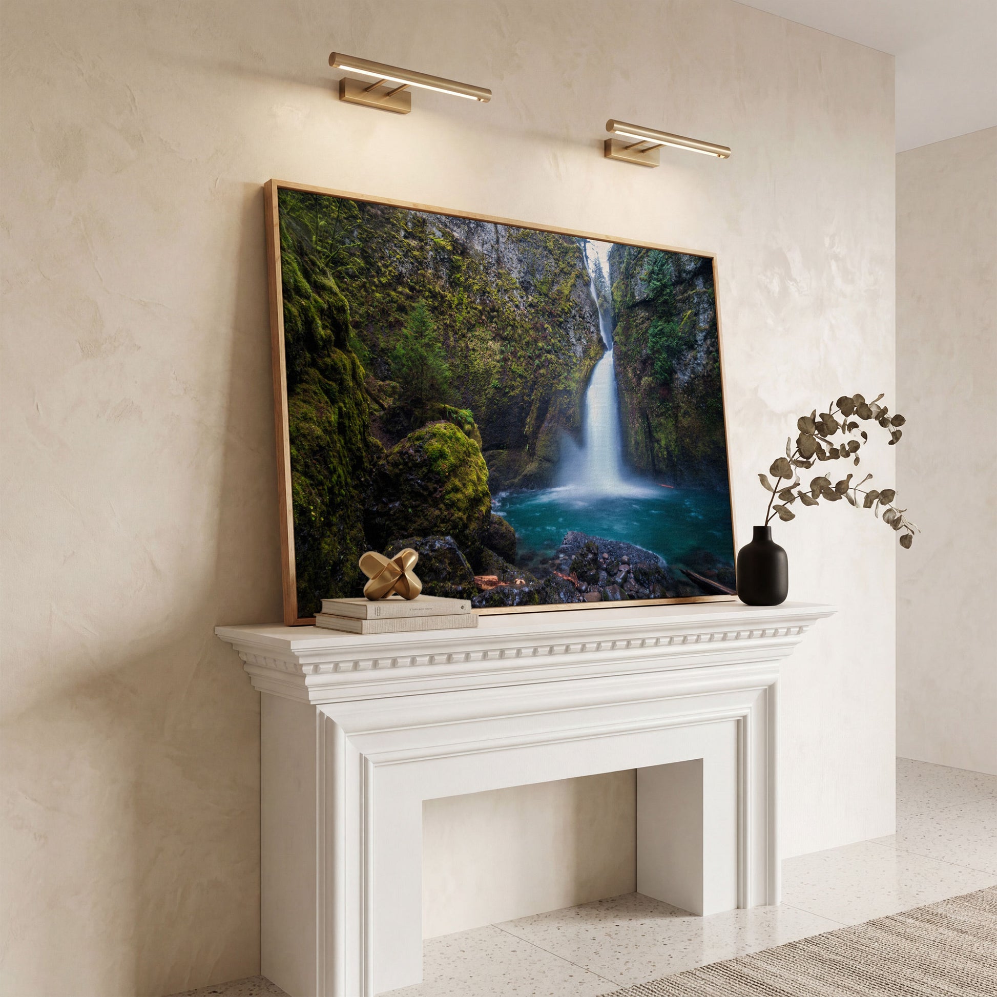 Wahclella Falls Canvas Print. Oregon Gorge Waterfall Art in white oak floating frame