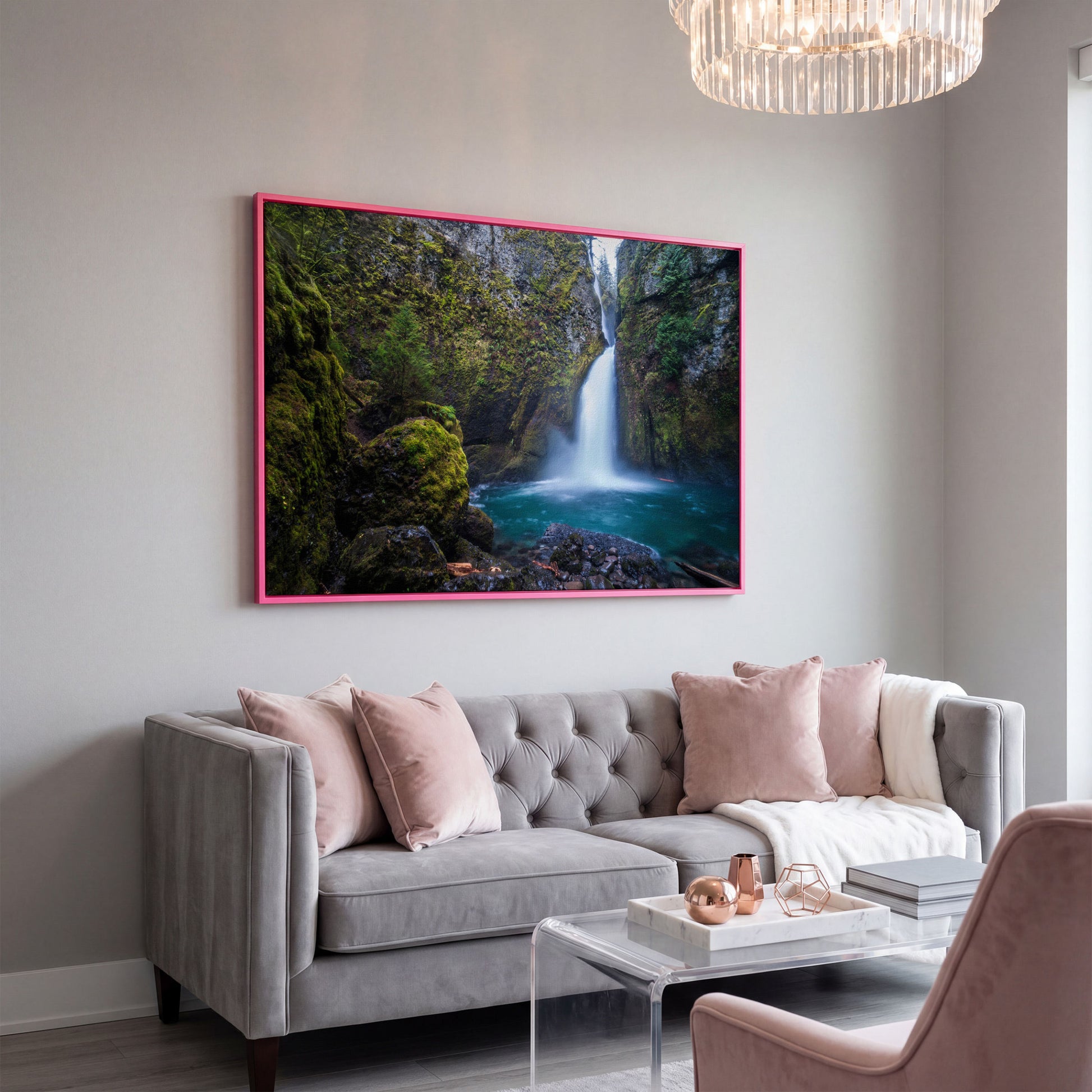 Wahclella Falls Canvas Print. Oregon Gorge Waterfall Art in pink floating frame