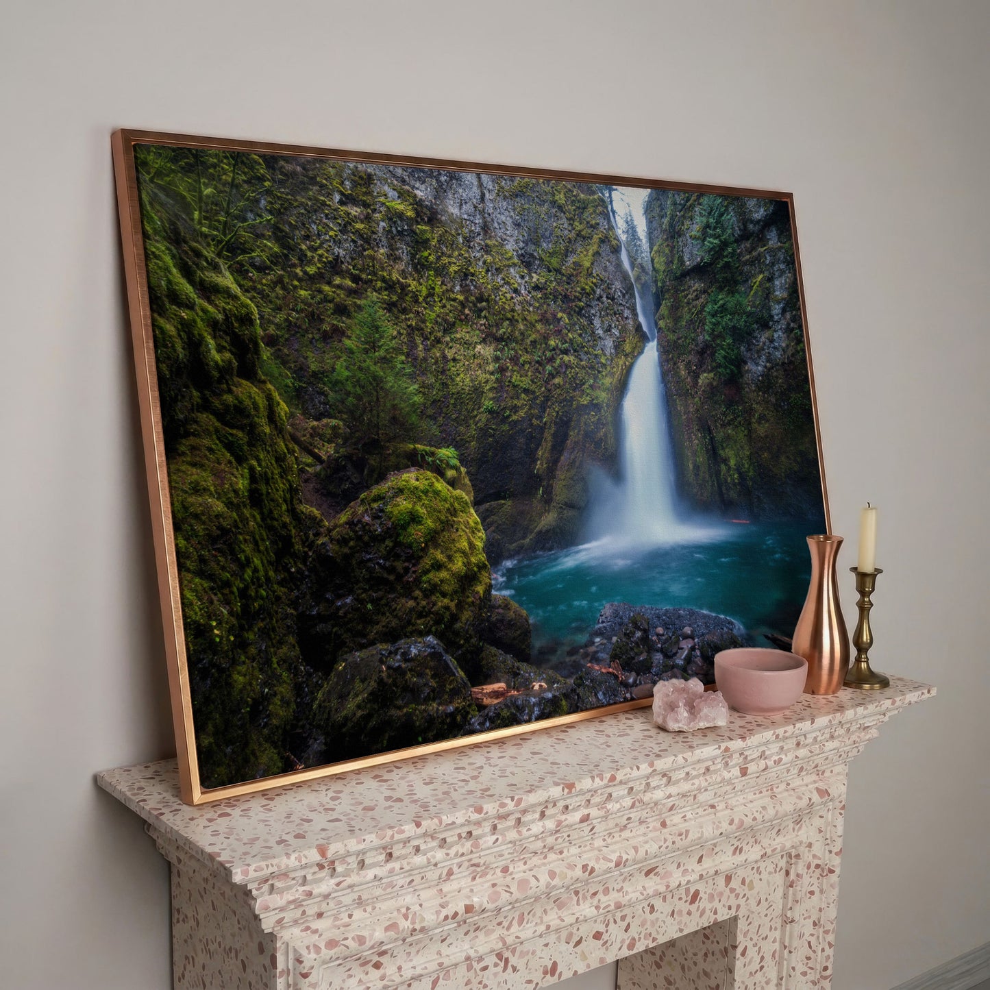 Wahclella Falls Canvas Print. Oregon Gorge Waterfall Art in rose gold floating frame