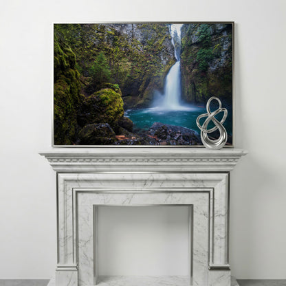 Wahclella Falls Canvas Print. Oregon Gorge Waterfall Art in silver floating frame