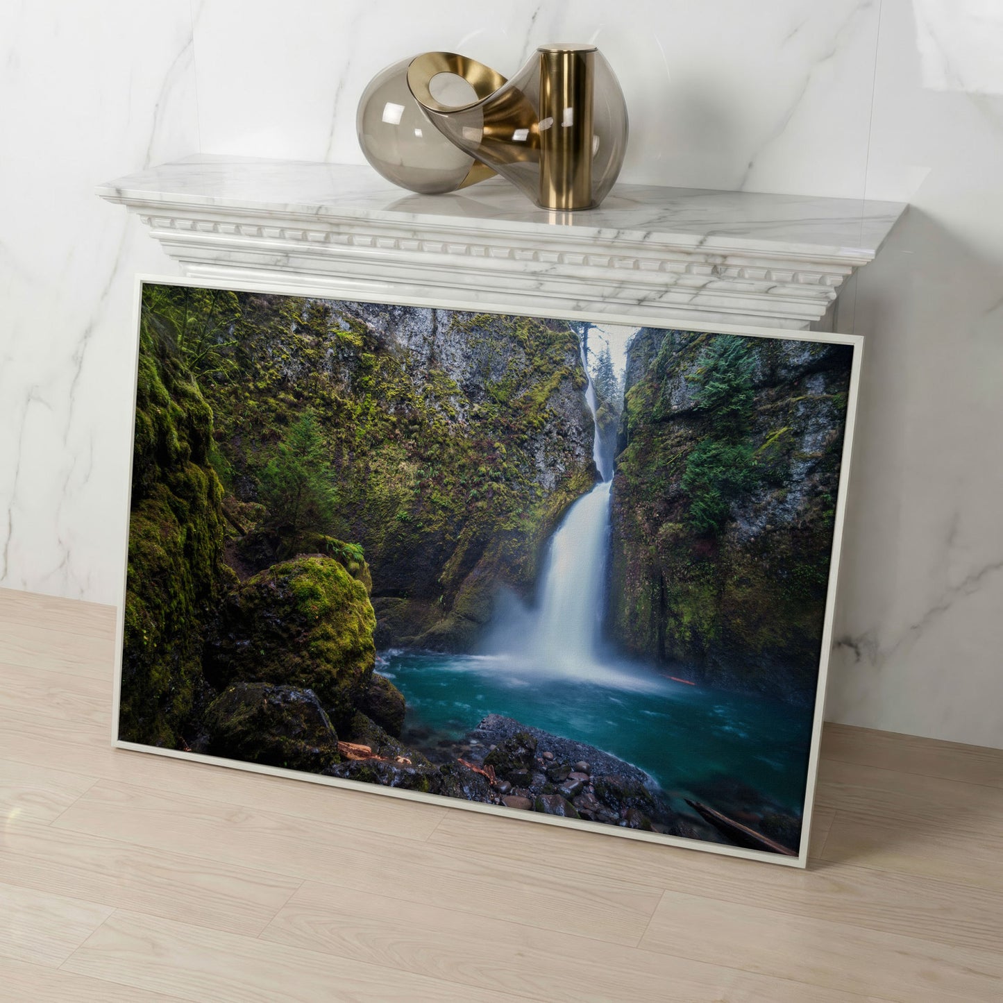 Wahclella Falls Canvas Print. Oregon Gorge Waterfall Art in white floating frame