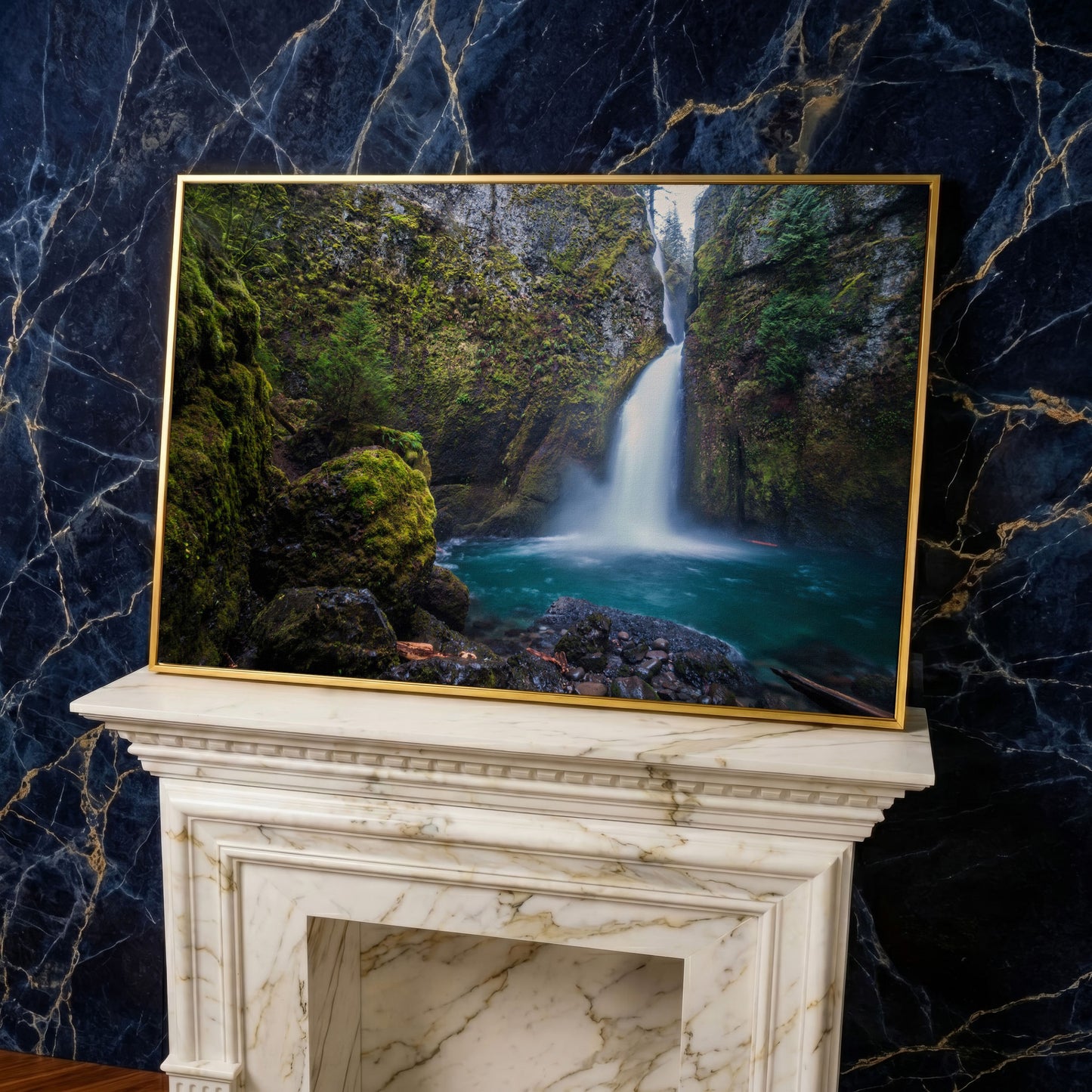 Wahclella Falls Canvas Print. Oregon Gorge Waterfall Art in yellow gold floating frame