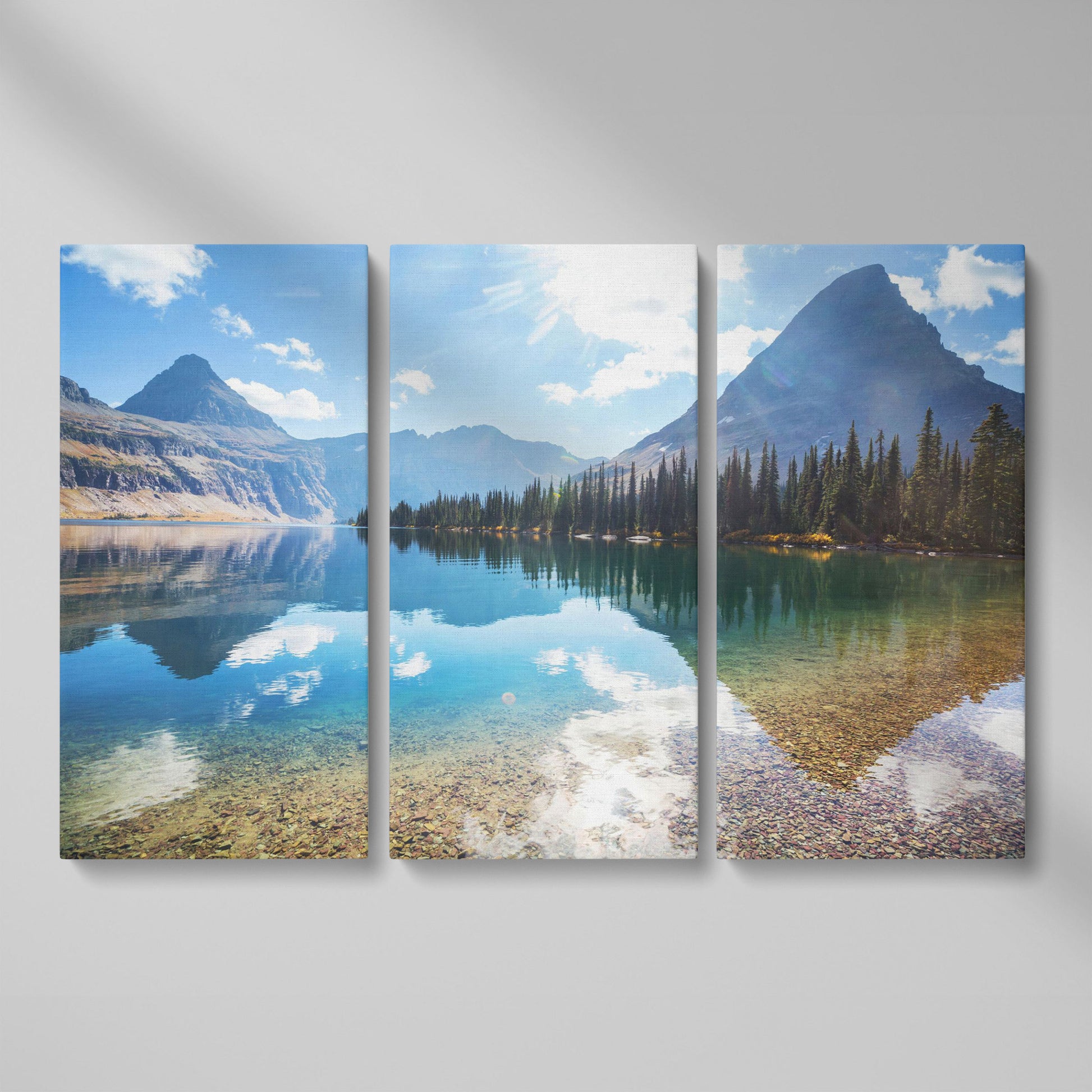 Rocky Peaks Canvas Print with Glacier National Park Reflection as 3-panel split version
